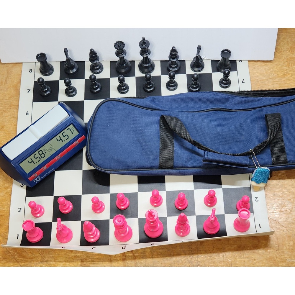 DGT North American Chess Clock Tournament Set Pink Black Pieces Vinyl Board Bag